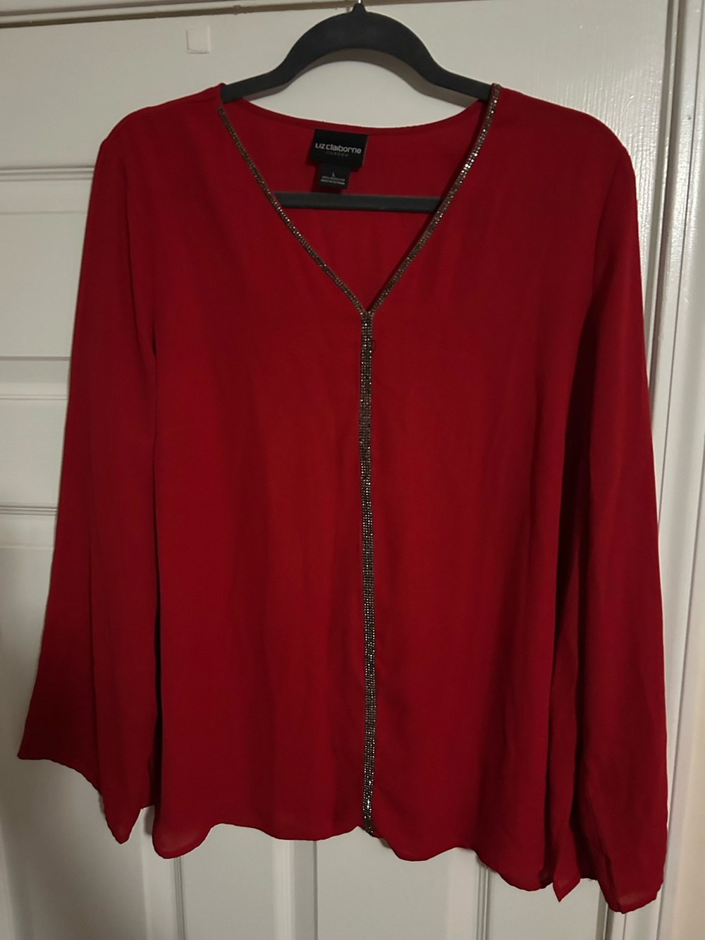 Liz Claiborne Crimson Long-Sleeve V-Neck Blouse with Beaded Trim